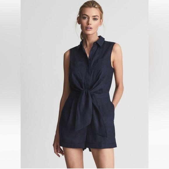 Reiss Ema Navy Sleeveless Linen Tie Front Playsuit Sz 10 - Picture 1 of 9